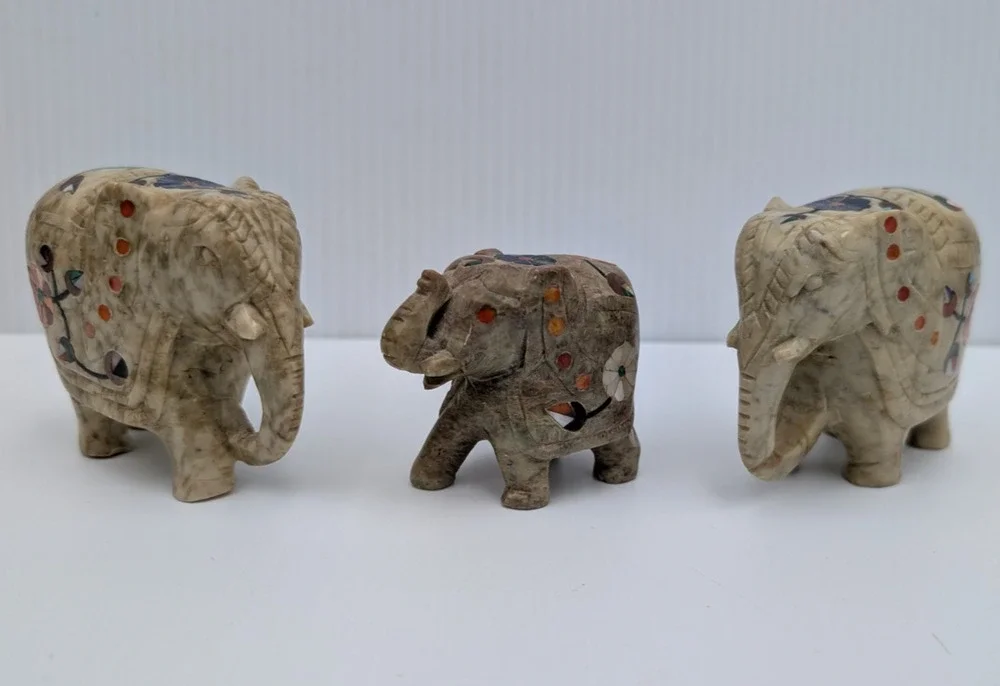 Set of 3 Inlaid Stone Marble (?) Elephants Floral Figurine Lot